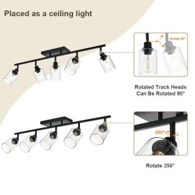 5-Light Vanity Light Bathroom Fixture with Clear Glass Shade Multi-Directional Rotating Metal Ceiling Spotlight Fixture with Adjustable Track Hea